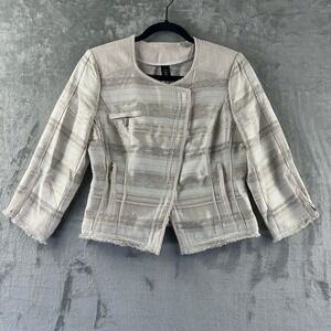 White House Black Market Cropped Jacket Women's 4 Beige Striped Jacquard Zip-Up